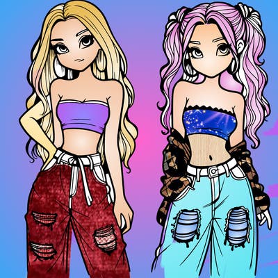 2 girls in crop tops and baggy jeans ripped
