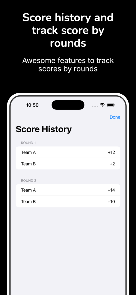 Universal Score Keeper - Score history screen showing round by round points for Team A and Team B in a clean mobile interface