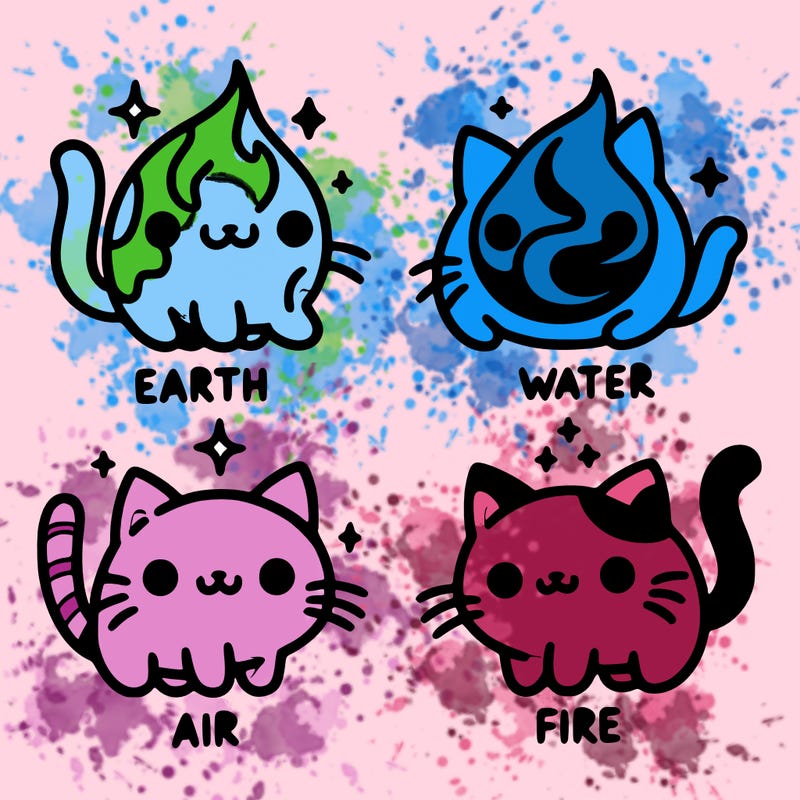 4 cats that represent the different elements, earth, water, air, and fire