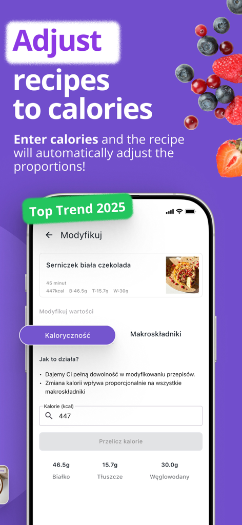 Smartphone displaying Fitollo app feature that automatically adjusts recipe portions based on entered calorie goals.