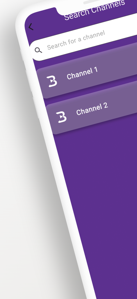 Interface of the Buz TV app showing a search bar and channel list on a purple background.