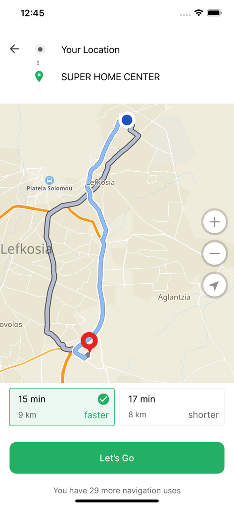 NaviCY - NaviCY navigation screen displaying route options and travel duration in Nicosia Cyprus