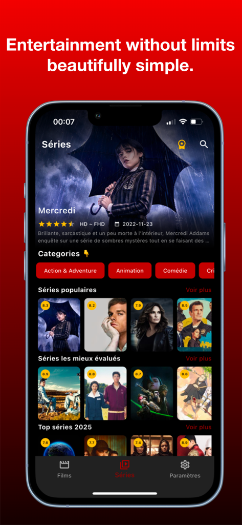Una pantalla de smartphone que muestra la sección de series de la aplicación AB Vue con una interfaz de modo oscuro que presenta programas de televisión populares y categorías de películas.