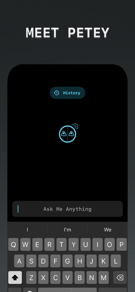 Petey - AI Chat - Petey AI Chat app main interface on an iPhone showing the history button, robot icon, and an input field that says Ask Me Anything.