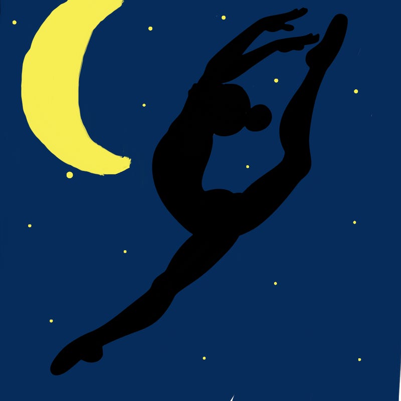 gymnast doing a leap in a leotard with a bent back leg