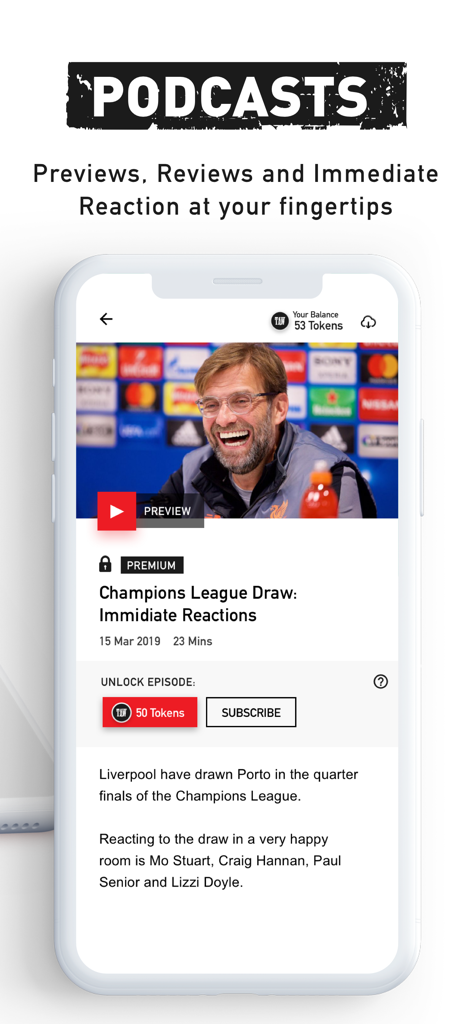 Interfaz de la aplicación The Anfield Wrap que muestra una vista previa de un episodio de podcast premium con Jurgen Klopp