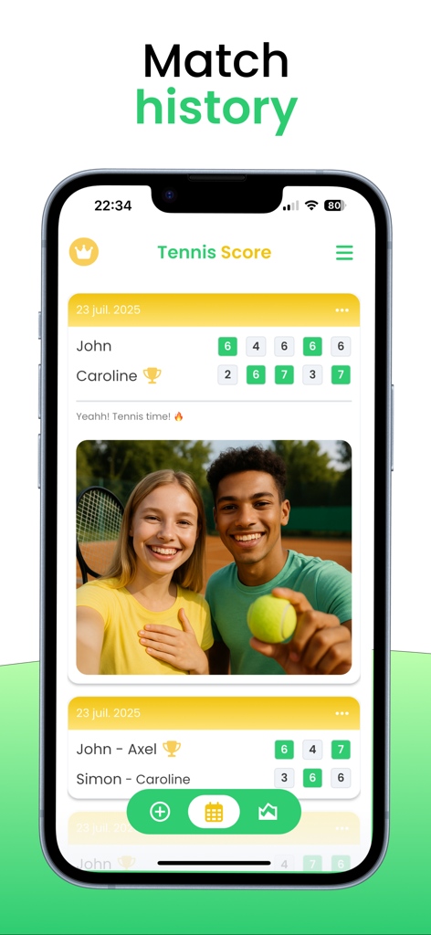 Tennis - Scorekeeper & Counter - Tennis app match history screen showing game scores player names and a social photo on the court