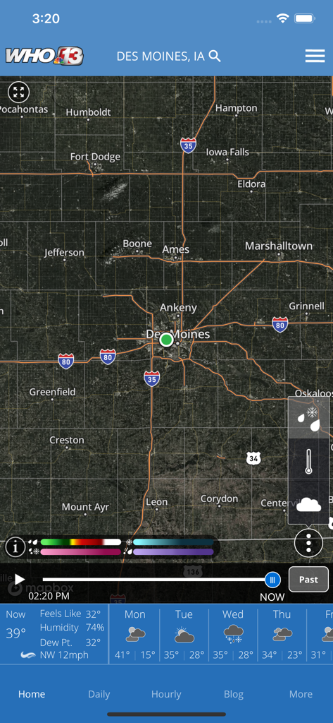 Interactive weather radar map and local daily forecast for Des Moines Iowa in the 13WarnMe app