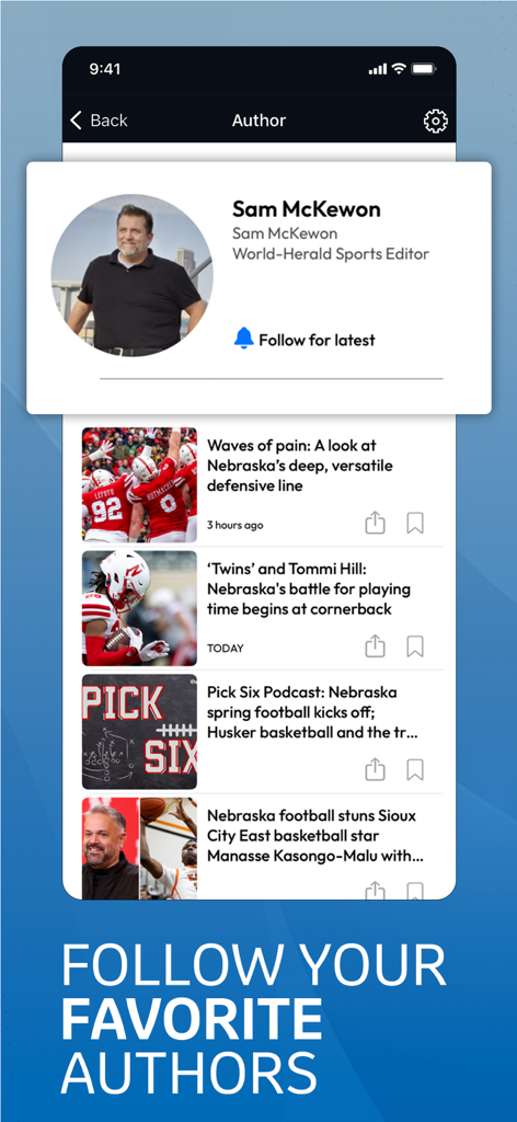 A profile of a local sports editor in the Omaha World-Herald app showing a follow button and news feed.