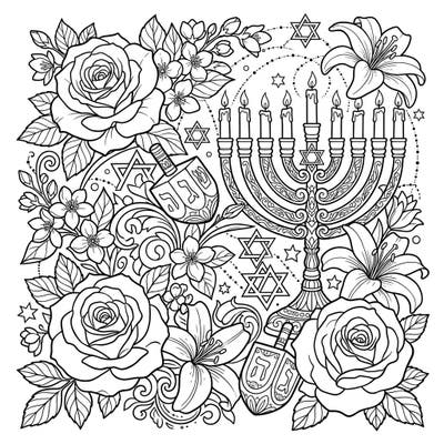 Discover the joyous blend of tradition and nature with this enchanting Hanukkah coloring page. Featuring a grand menorah entwined with delicate roses and lilies, it offers a serene way to celebrate the Festival of Lights.