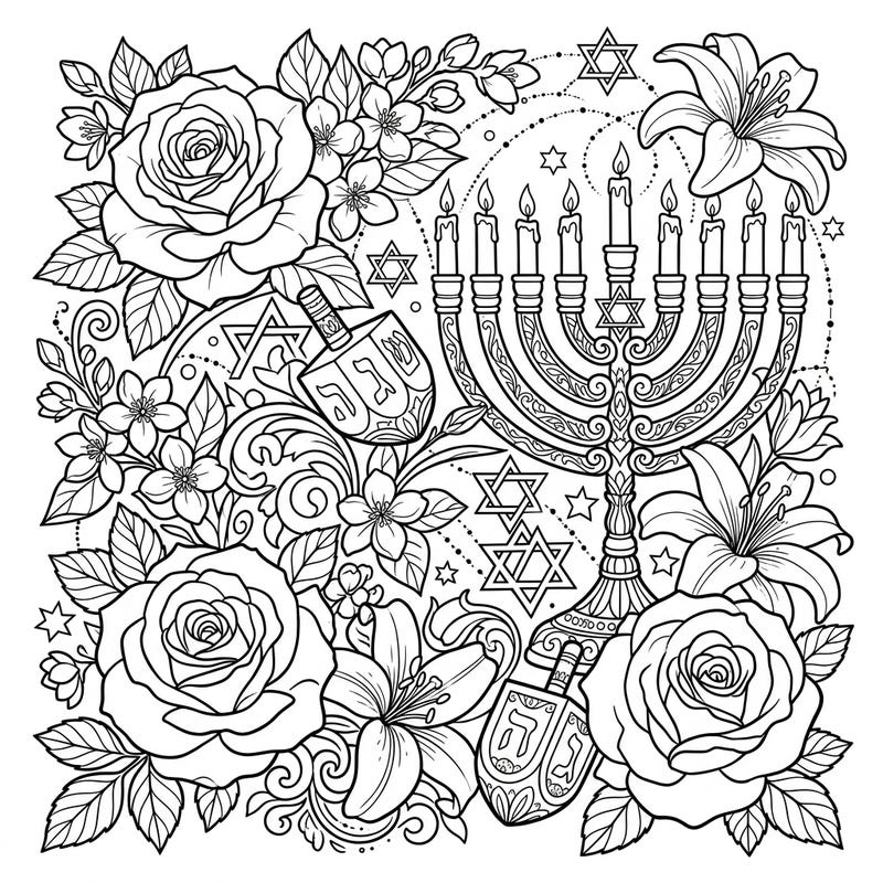 Discover the joyous blend of tradition and nature with this enchanting Hanukkah coloring page. Featuring a grand menorah entwined with delicate roses and lilies, it offers a serene way to celebrate the Festival of Lights.