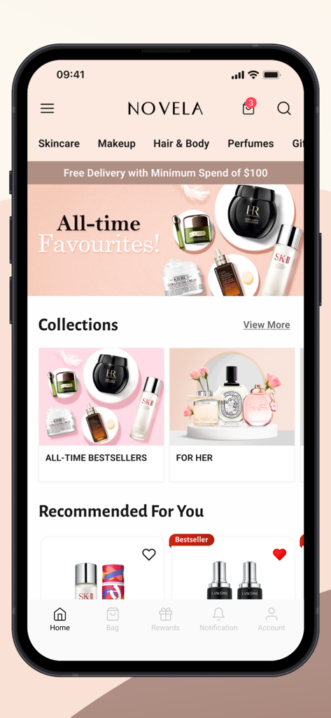 Novela – Shop Beauty & Makeup - Écran d'accueil de l'application mobile Novela présentant des collections de produits de beauté de luxe et des recommandations personnalisées