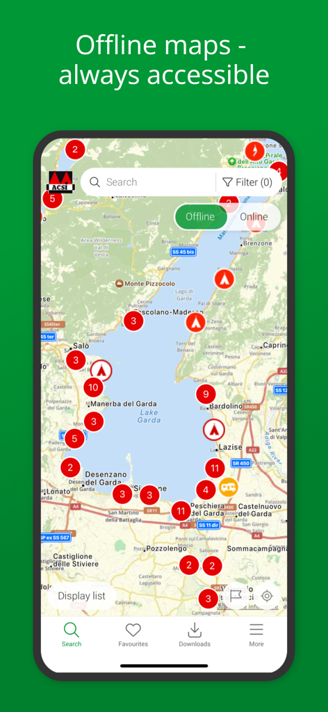 ACSI Campsites Europe app interface showing offline maps with campsite pins around Lake Garda Italy