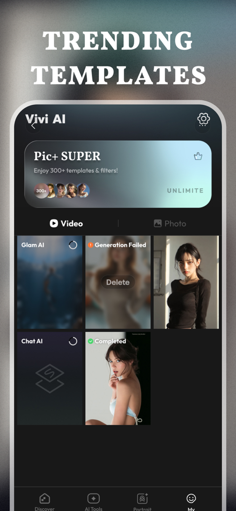 Vivi: AI Image to Video Maker - L'interfaccia dell'app Vivi che mostra i modelli video di tendenza e lo stato di generazione progetti AI.