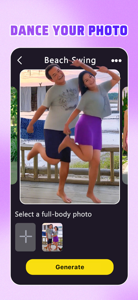 Interface of the Animator app showing a couple dancing together using the Beach Swing AI animation template.