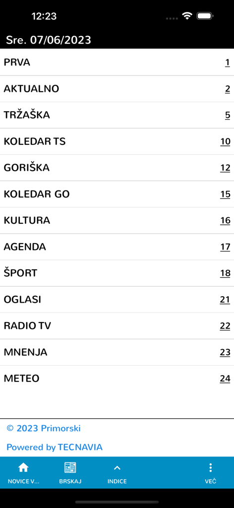 Primorski - Indice che mostra varie sezioni di notizie nell'app Primorski come notizie locali, cultura e sport.