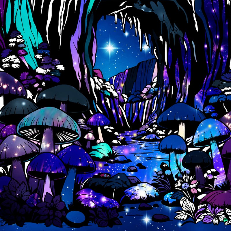 realistic cave full of beautiful mushrooms