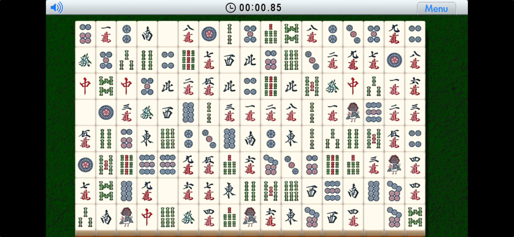 Shisen-Sho - Schermata di gioco di Shisen-Sho che mostra una griglia di tessere Mahjong tradizionali su uno sfondo di feltro verde.