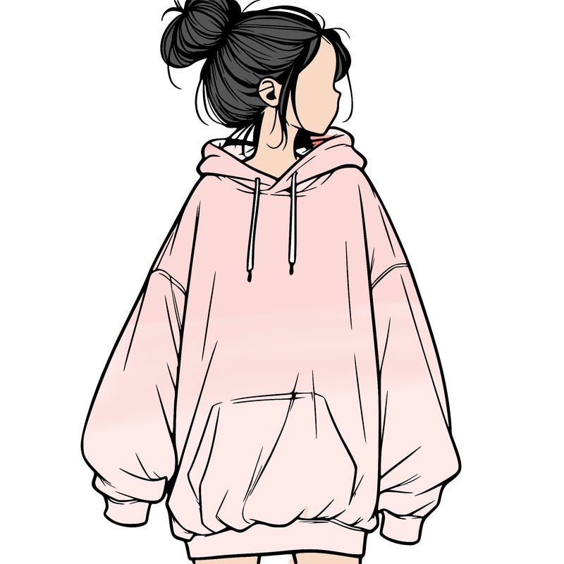 realistic girl with a oversized sweatshirt on and a bun