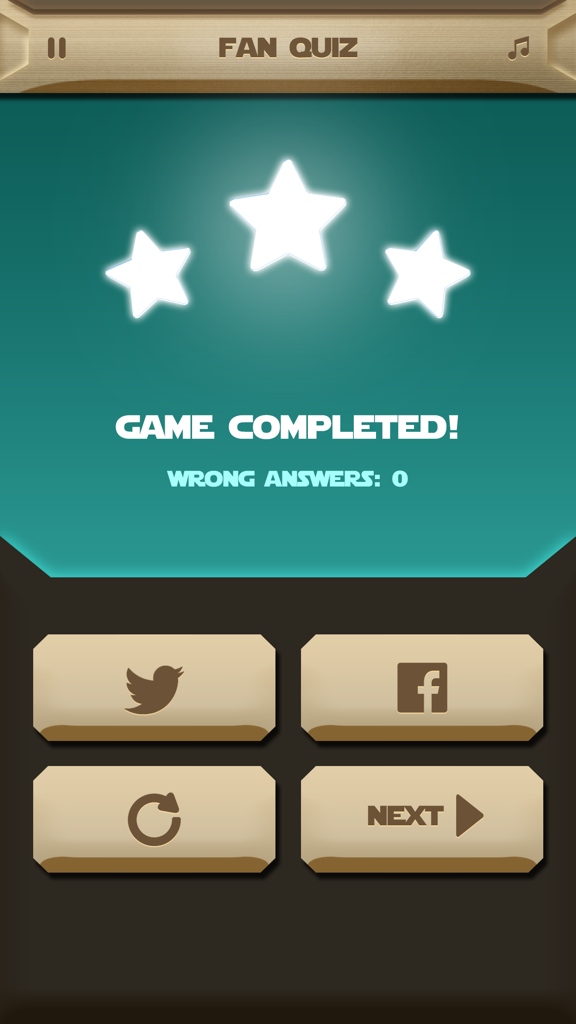 Trivia - Star Wars Edition: Galaxy Quiz Adventure - Game completed screen of Star Wars trivia app with three stars and perfect score