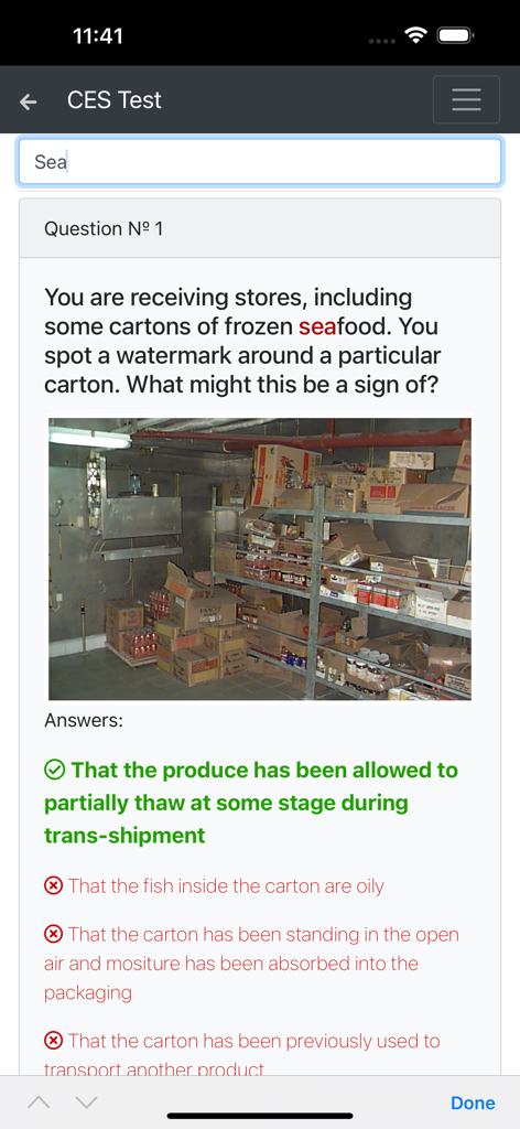 Catering. Cook Detailed CES - Eine Übungstestfrage aus der Catering Cook Detailed CES App, die sich mit dem Empfang von gefrorenem Fisch und Meeresfrüchten sowie mit Lebensmittelsicherheitszeichen befasst.