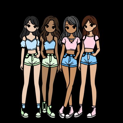a group of girls wearing crop tops and shorts