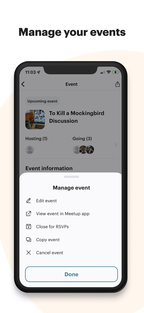 Smartphone screen showing event management options in the Meetup for Organizers app
