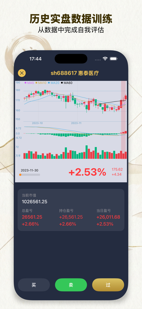 轻舟 - K线训练,炒股大师之路 - Interfaz de la aplicación móvil que muestra un gráfico técnico de acciones para entrenamiento de K-lines con datos históricos