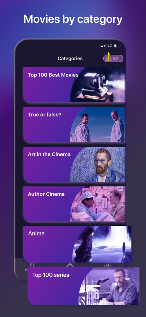 Cinema Quiz: films & actors - A mobile screen showing various movie trivia categories in the Cinema Quiz app such as Top 100 Best Movies and Art in the Cinema.