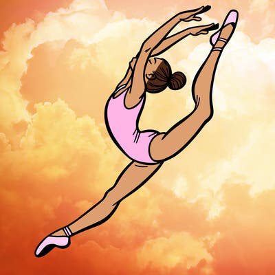gymnast doing a leap in a leotard with a bent back leg