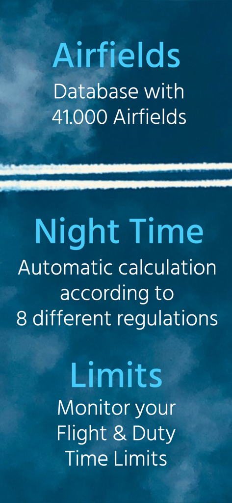 PILOTLOG - CrewLounge AERO - PILOTLOG app features including airfield database night time calculation and flight duty limits