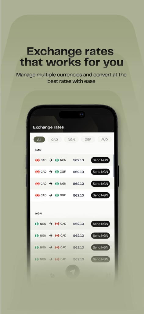 Pesa (Formerly Pesapeer) - Captura de tela do aplicativo Pesa mostrando taxas de câmbio em tempo real para transferências internacionais de dinheiro