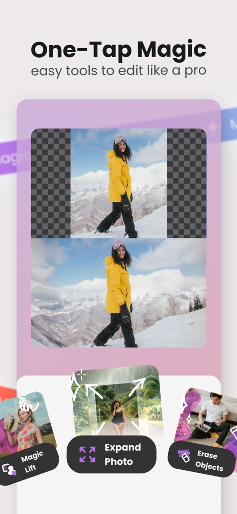 PicParty AIコラージュエディターアプリのインターフェースで、Magic Lift Expand PhotoやErase ObjectsなどのAI搭載ツールを表示しています