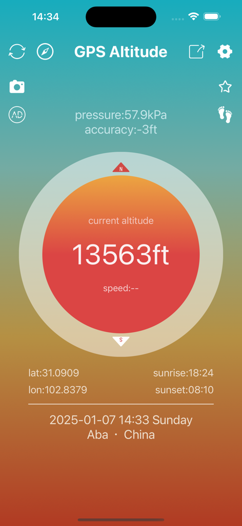 Oberfläche der GPS Altitude Pro App, die die aktuelle Höhe, den atmosphärischen Druck und die GPS-Koordinaten für Bergsteiger anzeigt.