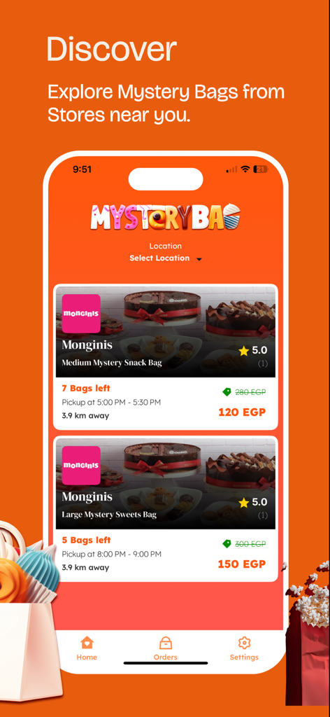 Interfaz de la aplicación Bolsa Misteriosa mostrando bolsas de excedentes de comida con descuento de tiendas locales