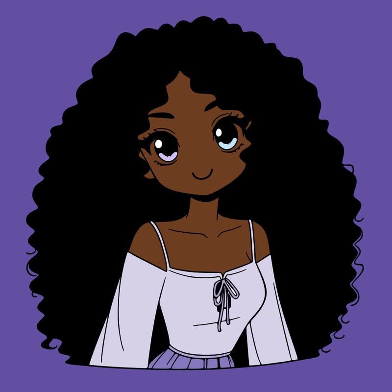 a black anime girl with long afro hair