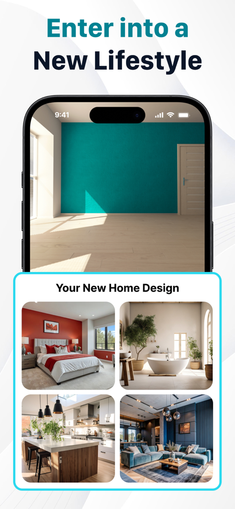 Smartphone app displaying an empty room alongside four AI-generated interior design examples for a bedroom, bathroom, kitchen, and living room