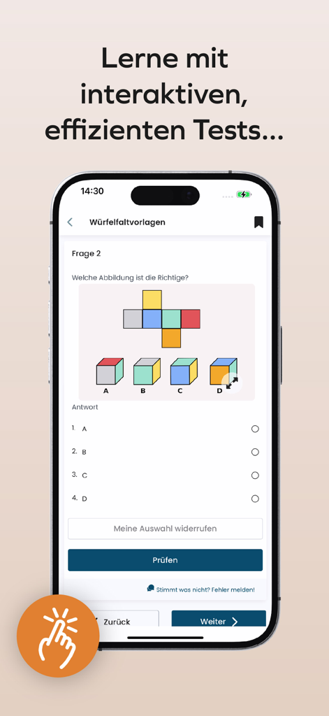 Plakos Prüfungstrainer - Mobile interface of Plakos Prufungstrainer showing an interactive spatial reasoning test question.