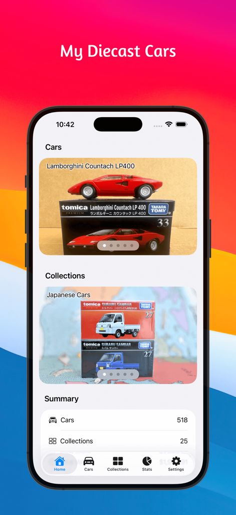 My Diecast Cars - Home screen of the My Diecast Cars app displaying collection summary and cataloged model cars on an iPhone