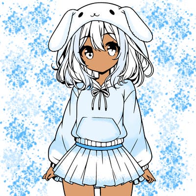 pretty anime girl wearing a fluffy hoodie with bunny ears on the hood and a skirt