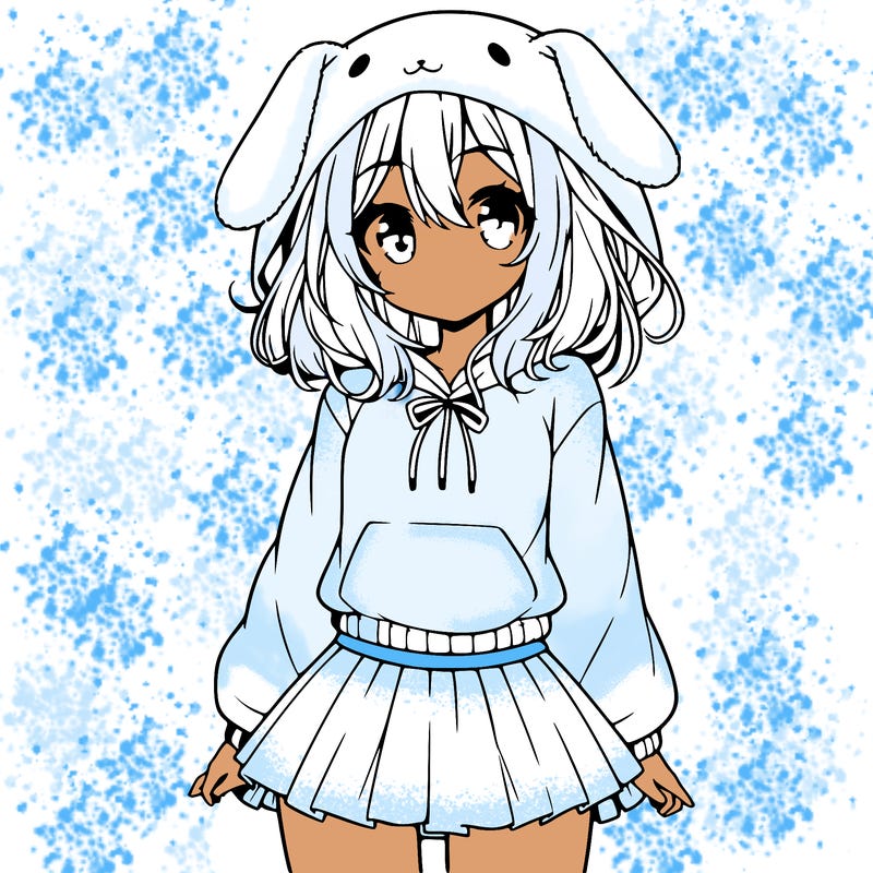 pretty anime girl wearing a fluffy hoodie with bunny ears on the hood and a skirt