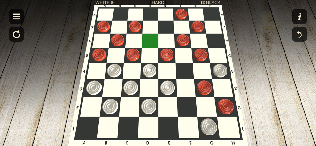 A 3D view of a checkers game with red and white pieces on a realistic wooden board