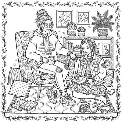Unwind with this delightful coloring page featuring two stylish teens enjoying a cozy weekend. Explore trendy fashion elements and relaxing vibes as you bring this scene to life.