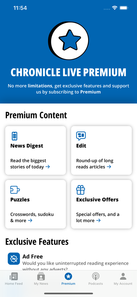 Newcastle Chronicle - ニューカッスル・クロニクルのアプリのプレミアムサブスクリプション画面。ニュースダイジェストパズルや広告なしのブラウジングなどの限定コンテンツが表示されています。