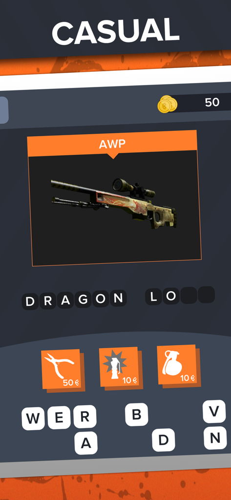 Gelegenheitsmodus-Gameplay im Ultimate Quiz für CSGO zeigt eine Trivia-Frage zum AWP Dragon Lore Skin