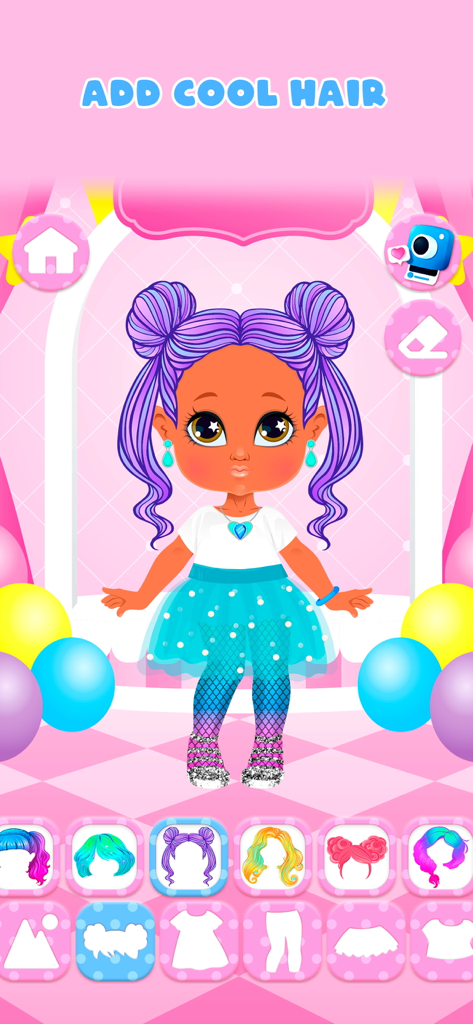 Dress up: games for girls - Customizing a cute doll with purple hair in the Dress up games for girls app