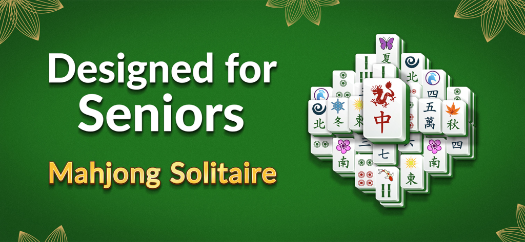 Banner del gioco Mahjong Solitaire con tessere tradizionali e testo che dice Progettato per Anziani
