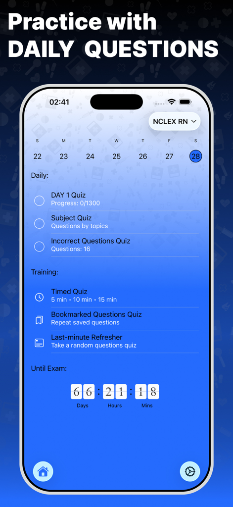 NCLEX Review and Prep app dashboard showing daily practice questions and exam countdown timer