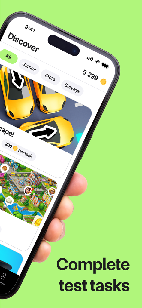 Smartphone screen of Test em All app displaying available game test tasks and coin balance