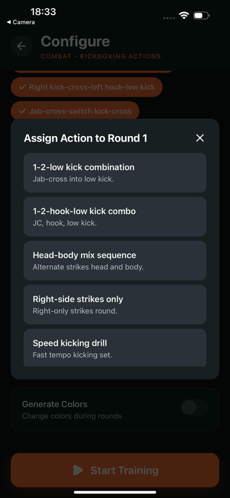 TrainZone - Tela mostrando opções de exercícios de kickboxing no aplicativo TrainZone.